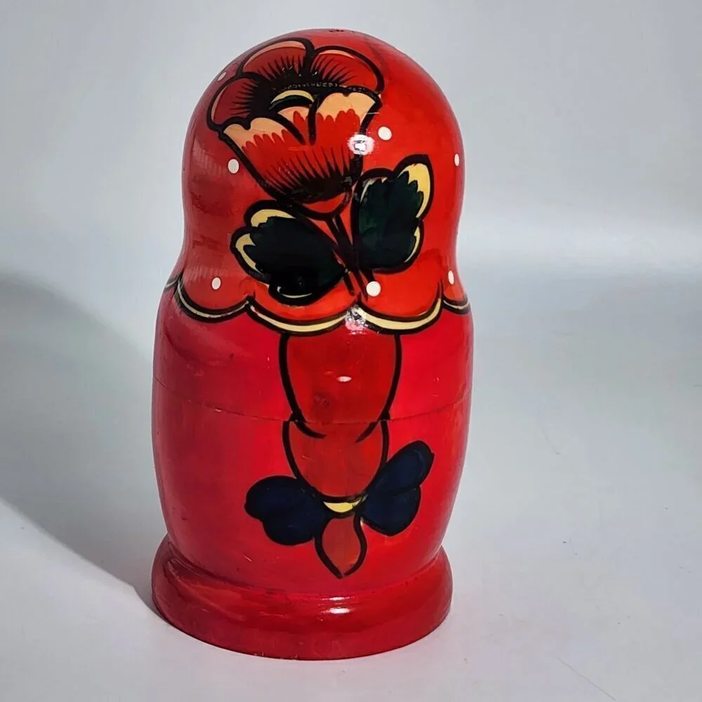 Hand Painted Russian Matryoshka Nesting Dolls Set Of 5 Red Floral Design Traditi